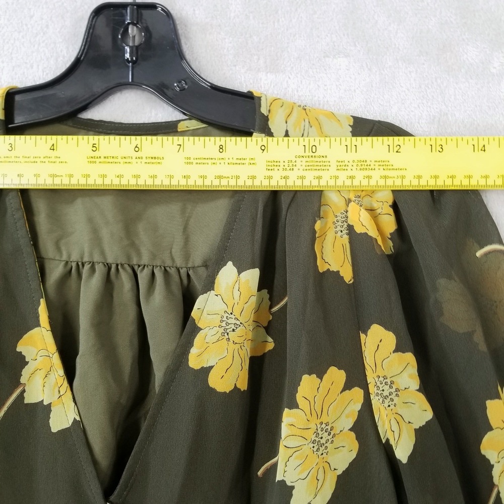 Madewell Wrap Blouse Women M Olive Green Yellow‎ Floral Chiffon Top 3/4 Sleeve - Picture 3 of 9